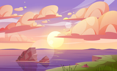 Wall Mural - Sunset or sunrise in ocean, nature landscape background, cartoon vector illustration. Pink clouds flying in sky to shining sun above sea with rocks sticking. Evening or morning backdrop water surface