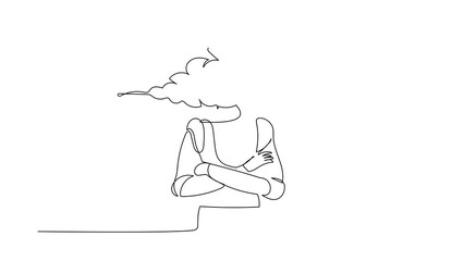 Poster - animated self drawing of continuous one line draw robot with empty head cloud instead. thinking abou