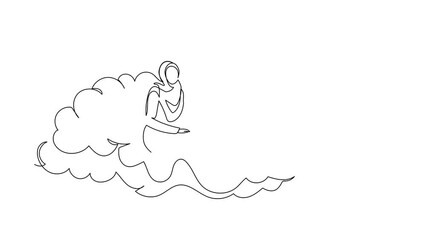 Poster - Self drawing animation of single one line draw smart Arab businesswoman sitting on cloud reading book. Studying higher education for worker. Career growth. Continuous line draw. Full length animated