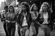 © alexkoral - fashionable girls professional fashion models pose in stylish clothes on street of city. Vintage retro fashion of 1980s and 1990s. Generative AI