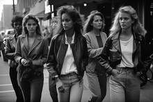 Fashionable Girls Professional Fashion Models Pose In Stylish Clothes On Street Of City. Vintage Retro Fashion Of 1980s And 1990s. Generative AI