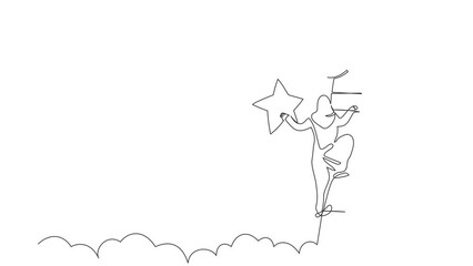 Poster - Animated self drawing of continuous line draw Arab businesswoman climbing ladder and reaching star on sky. Goals dreams office worker. Business, career, achievement. Full length single line animation