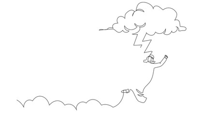 Poster - Animated self drawing of continuous line draw unlucky Arabian businessman struck by lightning or thunder from dark cloud. Bad luck, misery, disaster, risk, danger. Full length one line animation
