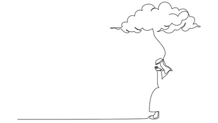 Poster - Animated self drawing of continuous line draw Arab businessman sitting on chair under rain cloud. Worried about business failure, collapse economy, economic crisis. Full length one line animation
