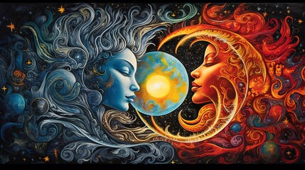 Wall Mural - the soul and the cosmic yin yang are celebrating the cosmos and the moon. beautiful spiritual illust