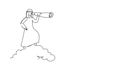 Poster - Animated self drawing of continuous line draw Arab businessman on cloud holding binocular to search for business innovation. Leadership vision to see company strategy. Full length one line animation