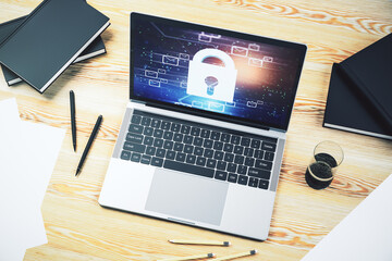 Poster - Creative concept with lock symbol and postal envelopes illustration on modern laptop screen. Protection and firewall concept. 3D Rendering
