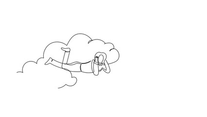 Poster - Animated self drawing of continuous line draw dreamer businesswoman lay on the clouds and dreaming or thinking about new business project. Female resting after work. Full length single line animation