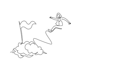 Poster - Animated self drawing of continuous line draw brave businesswoman jump and leap over clouds to reach success target flag. Challenge of her career. Business metaphor. Full length single line animation