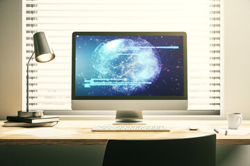 Poster - Abstract creative coding concept with world map on modern laptop screen. 3D Rendering