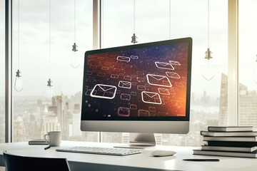 Poster - Creative abstract postal envelopes sketch on modern laptop monitor, e-mail and marketing concept. 3D Rendering