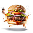 Large delicious juicy smoky burger separated on ingredients floating in air white background