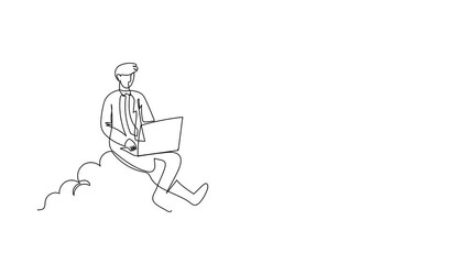 Poster - Animated self drawing of continuous line draw businessman sitting on cloud in sky and working with laptop. Wireless connection. Social networking using cloud storage. Full length one line animation