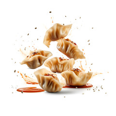 Large delicious juicy smoky dumplings separated on ingredients floating in air white background