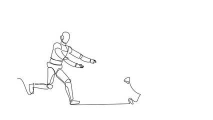 Poster - Animated self drawing of continuous line draw robot chase dollar coin. Money in robotic industry investment. Humanoid robot cybernetic organism. Robotic development. Full length single line animation