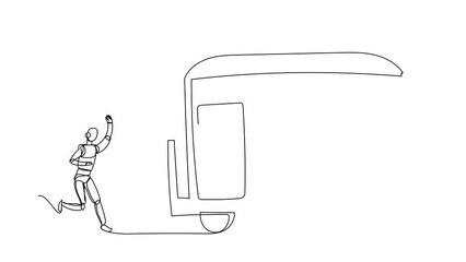 Poster - animated self drawing of continuous line draw robot run chasing train. transport system in railway s