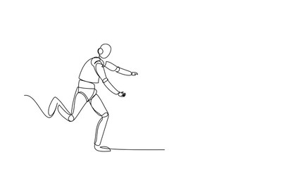 Poster - Animated self drawing of continuous line draw robot run chase cup. Digital industry in coffee shop. Humanoid robot cybernetic organism. Future robotic development. Full length single line animation
