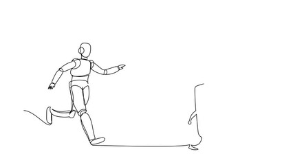 Poster - Self drawing animation of single one line draw robot chasing calculator. Calculation of expenses in tech factory. Technology development. Artificial intelligence. Continuous line. Full length animated
