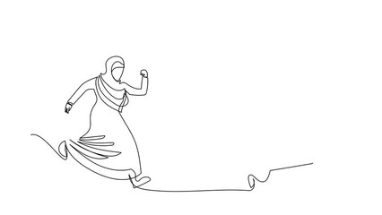 Poster - Animated self drawing of continuous line draw Arab businesswoman chasing hourglass. Time management and finish business project. Concept of deadline, finishing work. Full length single line animation
