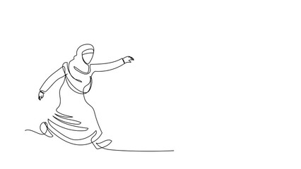 Poster - Animated self drawing of single continuous line draw Arab businesswoman run chasing smartphone. Employee using cell phone for communication in digital era. Send message. Full length one line animation