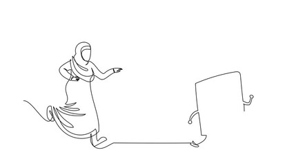 Poster - Self drawing animation of single one line draw Arab businesswoman chasing calculator. Equipment for accounting service, calculation, taxes, financial reporting. Continuous line. Full length animated
