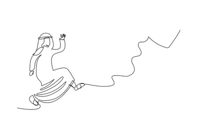 Poster - Animated self drawing of continuous line draw Arab businessman running chasing rocket take off. Prepare for start-up business. Career awakening to success, growth. Full length one line animation
