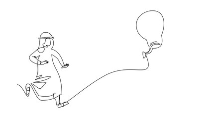 Poster - Animated self drawing of continuous line draw Arab businessman chasing and catch flying light bulb. Capture new ideas, search for innovation, creativity, invention. Full length single line animation