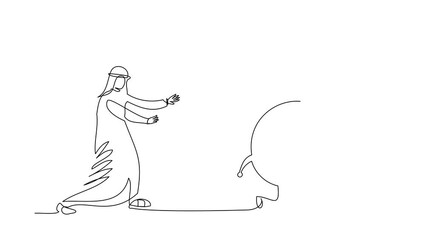 Poster - Animated self drawing of continuous line draw Arab businessman chasing time. Manager runs after clock. Business concept of deadline, management, fear of being late. Full length single line animation