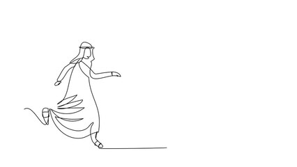 Poster - Self drawing animation of single line draw Arab businessman chasing dollar symbol. Pursuit to success, wealth, financial freedom, investment. Business metaphor. Continuous line. Full length animated