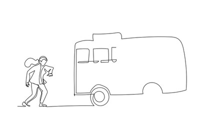 Poster - animated self drawing of continuous one line draw businesswoman run chasing try to catch bus. hurry 