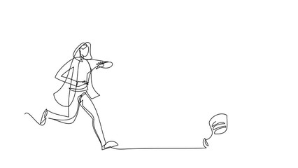Poster - Animated self drawing of continuous line draw businesswoman run chasing try catch flying light bulb. Searching inspiration, creative idea, success. Business metaphor. Full length single line animation