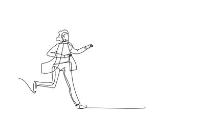 Poster - Animated self drawing of continuous line draw businesswoman run chasing try to catch idea light bulb. Concept of creativity, competition, innovation. Business metaphor. Full length one line animation
