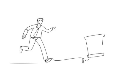 Poster - Animated self drawing of continuous line draw businessman run chasing try to catch hourglass. Concept of stress, burnout, deadlines, depression. Business metaphor. Full length one line animation