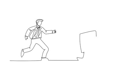 Poster - self drawing animation of single one line draw businessman run chasing try to catch text book. offic