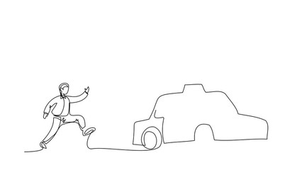 Poster - Self drawing animation of single line draw businessman run chasing try to catch taxi. Hurry running to get car, public passenger vehicle. Business metaphor. Continuous line draw. Full length animated