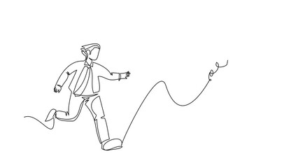 Poster - Animated self drawing of continuous line draw businessman run chasing try to catch flying light bulb. Searching inspiration, creative idea, success. Business metaphor. Full length one line animation