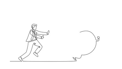 Poster - Self drawing animation of single one line draw stressed businessman chasing time or clock. Office worker being chased by work deadlines. Running out of time. Continuous line draw. Full length animated