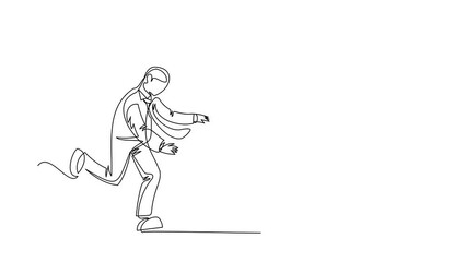 Poster - Self drawing animation of single line draw businessman run chasing try to catch cup. Concept of thirsty, drink, taking, time, speaking. Business metaphor. Continuous line draw. Full length animated