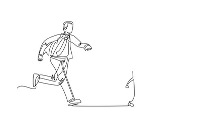 Poster - Animated self drawing of continuous one line draw businessman chasing calculator. Math operations, budget, analytics, data, income, finance. Calculations and economy. Full length single line animation