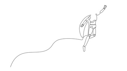 Poster - self drawing animation of single one line draw robot superhero flies up to the sky. future technolog