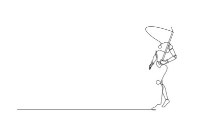 Poster - Animated self drawing of single continuous line draw robot with umbrella walking alone. Depression, passerby at hot weather. Robotic artificial intelligence. Technology. Full length one line animation