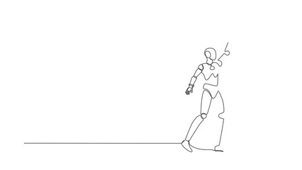 Poster - Self drawing animation of single line draw robot holding trophy with one hand. Success goal achievement. Winning competition. Future technology development. Continuous line draw. Full length animated