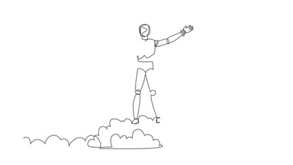 Poster - Animated self drawing of continuous one line draw robot on top of cloud with raised hands. Humanoid robot cybernetic organism. Future robotic development. Peaceful. Full length single line animation