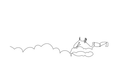 Poster - Animated self drawing of continuous line draw robot lay on the clouds, dreaming or thinking something. Robotic artificial intelligence. Electronic technology industry. Full length one line animation