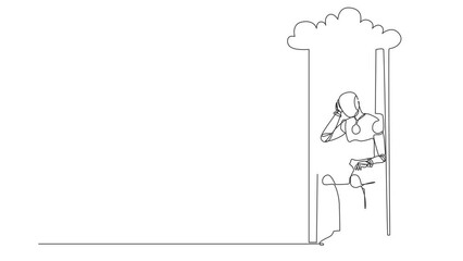 Poster - self drawing animation of single line draw robot sitting on chair under rain cloud. future technolog