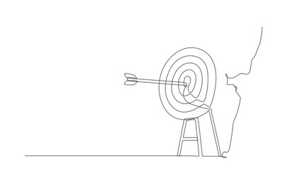 Poster - Animated self drawing of continuous line draw robot raised hand with fist gesture, arrow exact into target. Robotic artificial intelligence. Electronic technology. Full length one line animation