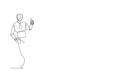 Poster - Self drawing animation of single line draw robot leaning with thumbs up gesture. Future technology development. Artificial intelligence and machine learning. Continuous line draw. Full length animated