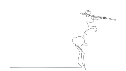 Poster - animated self drawing of continuous line draw robot standing on peak of cliff targeting dartboard wi