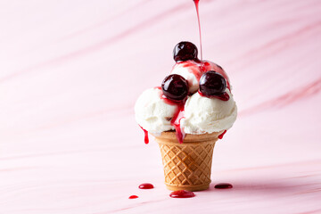 Sticker - Making vanilla ice cream scoop in a serve waffle cone with canned cherries and flowing cherry syrup on a pink background, copy space.