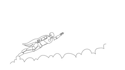 Poster - Self drawing animation of single line draw robot in cloak flying up to target. Business success. Future technology. Artificial intelligence machine learning. Continuous line draw. Full length animated